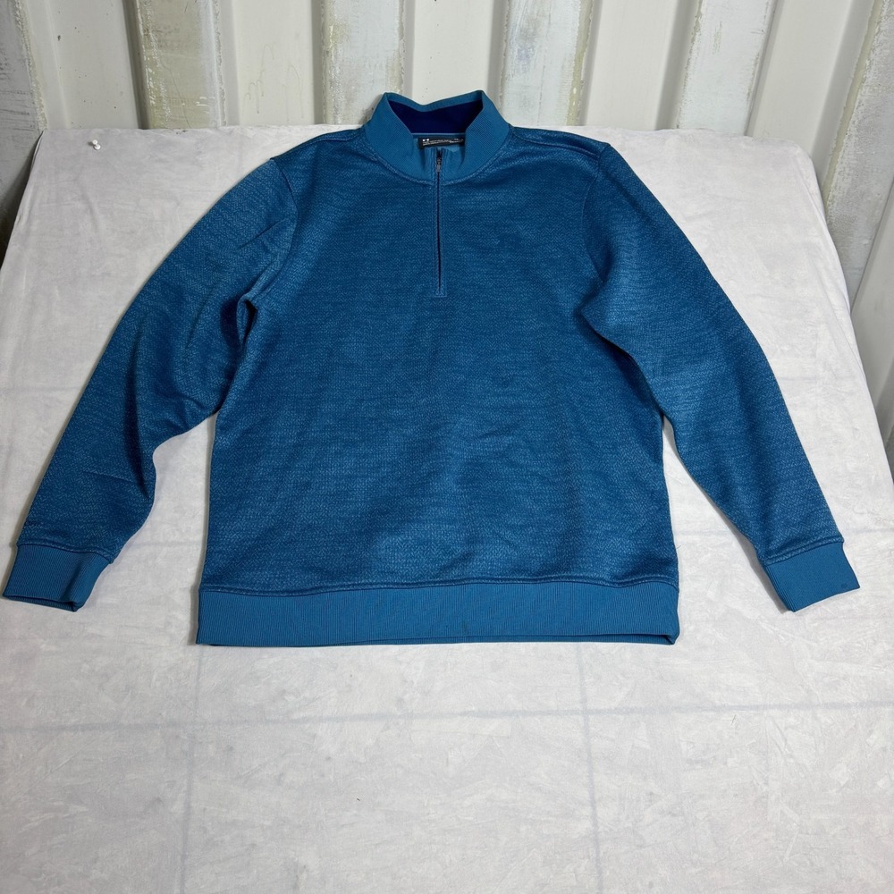 Under Armour Mens Pullover Sweater Blue Fleece Quarter Zip Loose Coldgear Size L
